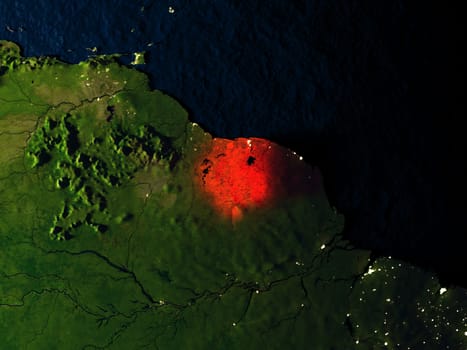 Suriname in red at night as seen from Earth's orbit in space. 3D illustration with highly detailed realistic planet surface. Elements of this image furnished by NASA.