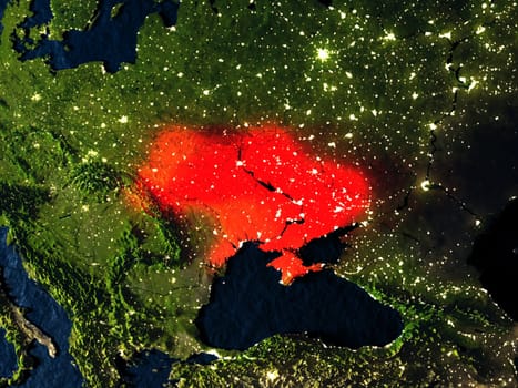 Ukraine in red at night as seen from Earth's orbit in space. 3D illustration with highly detailed realistic planet surface. Elements of this image furnished by NASA.
