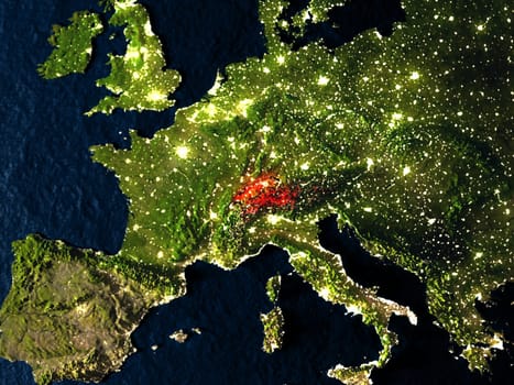 Switzerland in red at night as seen from Earth's orbit in space. 3D illustration with highly detailed realistic planet surface. Elements of this image furnished by NASA.