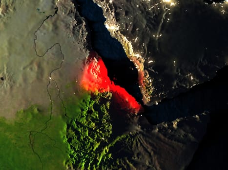 Eritrea in red at night as seen from Earth's orbit in space. 3D illustration with highly detailed realistic planet surface. Elements of this image furnished by NASA.