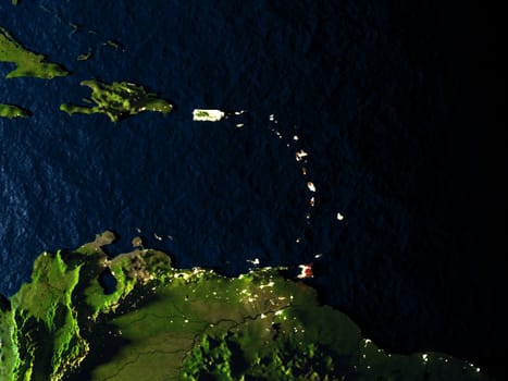 Caribbean in red at night as seen from Earth's orbit in space. 3D illustration with highly detailed realistic planet surface. Elements of this image furnished by NASA.