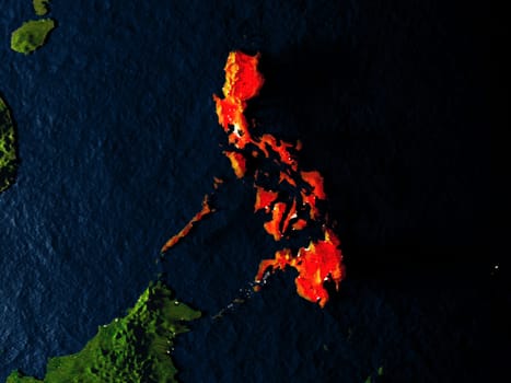 Philippines in red at night as seen from Earth's orbit in space. 3D illustration with highly detailed realistic planet surface. Elements of this image furnished by NASA.