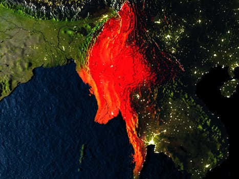 Myanmar in red at night as seen from Earth's orbit in space. 3D illustration with highly detailed realistic planet surface. Elements of this image furnished by NASA.