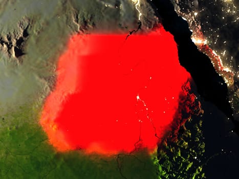 Sudan in red at night as seen from Earth's orbit in space. 3D illustration with highly detailed realistic planet surface. Elements of this image furnished by NASA.