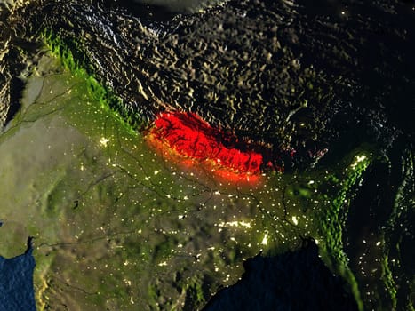 Nepal in red at night as seen from Earth's orbit in space. 3D illustration with highly detailed realistic planet surface. Elements of this image furnished by NASA.