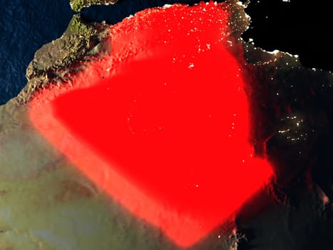 Algeria in red at night as seen from Earth's orbit in space. 3D illustration with highly detailed realistic planet surface. Elements of this image furnished by NASA.