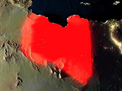 Libya in red at night as seen from Earth's orbit in space. 3D illustration with highly detailed realistic planet surface. Elements of this image furnished by NASA.