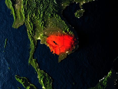 Cambodia in red at night as seen from Earth's orbit in space. 3D illustration with highly detailed realistic planet surface. Elements of this image furnished by NASA.