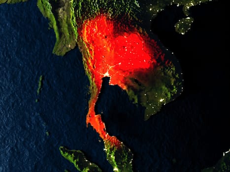 Thailand in red at night as seen from Earth's orbit in space. 3D illustration with highly detailed realistic planet surface. Elements of this image furnished by NASA.