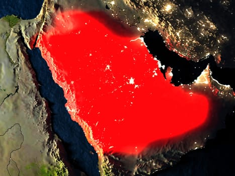 Saudi Arabia in red at night as seen from Earth's orbit in space. 3D illustration with highly detailed realistic planet surface. Elements of this image furnished by NASA.
