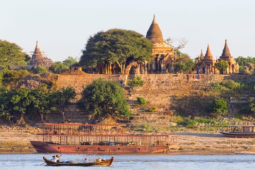 Boats and pagoda in Bagan , Myanmar
