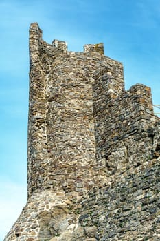 Old walls of medieval Montsoriu Castle. in the Montseny Natural Park, Catalonia, Spain