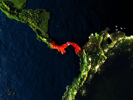 Panama in red at night as seen from Earth's orbit in space. 3D illustration with highly detailed realistic planet surface. Elements of this image furnished by NASA.