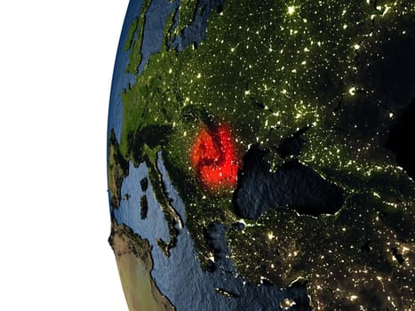 Romania highlighted in red on Earth as seen from Earth's orbit in space during sunset. 3D illustration with highly detailed realistic planet surface. Elements of this image furnished by NASA.