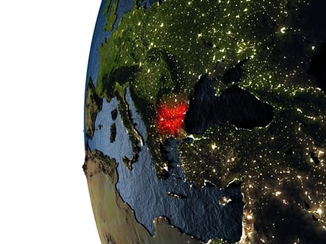 Bulgaria highlighted in red on Earth as seen from Earth's orbit in space during sunset. 3D illustration with highly detailed realistic planet surface. Elements of this image furnished by NASA.