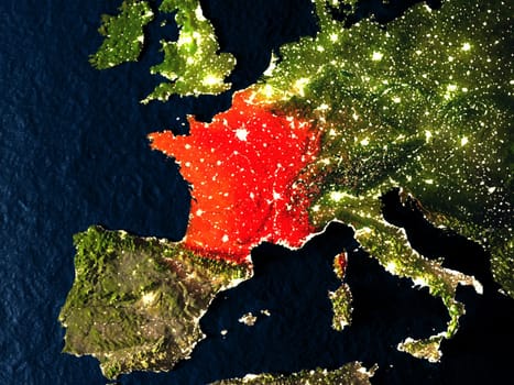 France in red at night as seen from Earth's orbit in space. 3D illustration with highly detailed realistic planet surface. Elements of this image furnished by NASA.