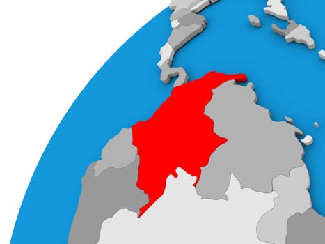 Colombia highlighted in red on globe with visible country borders. 3D illustration
