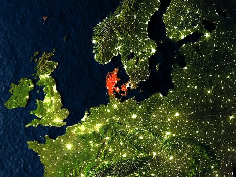 Denmark in red at night as seen from Earth's orbit in space. 3D illustration with highly detailed realistic planet surface. Elements of this image furnished by NASA.