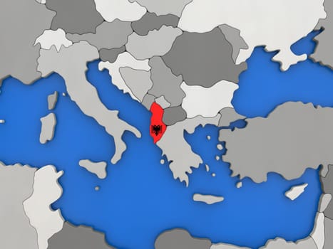 Map of Albania with embedded national flag on globe, top-down view. 3D illustration