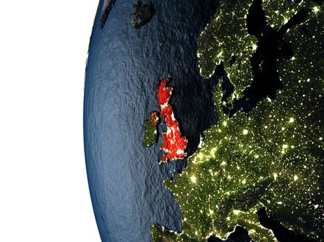 United Kingdom highlighted in red on Earth as seen from Earth's orbit in space during sunset. 3D illustration with highly detailed realistic planet surface. Elements of this image furnished by NASA.