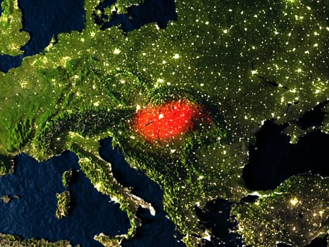 Hungary in red at night as seen from Earth's orbit in space. 3D illustration with highly detailed realistic planet surface. Elements of this image furnished by NASA.