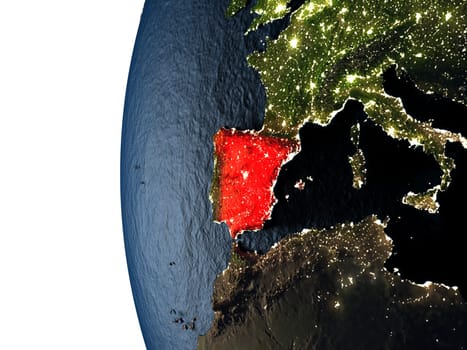 Spain highlighted in red on Earth as seen from Earth's orbit in space during sunset. 3D illustration with highly detailed realistic planet surface. Elements of this image furnished by NASA.
