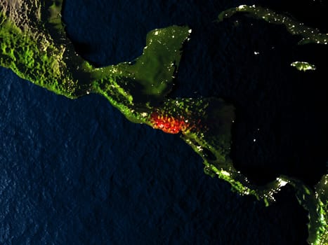 El Salvador in red at night as seen from Earth's orbit in space. 3D illustration with highly detailed realistic planet surface. Elements of this image furnished by NASA.