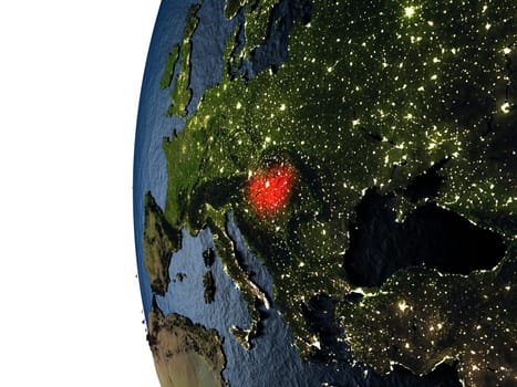 Hungary highlighted in red on Earth as seen from Earth's orbit in space during sunset. 3D illustration with highly detailed realistic planet surface. Elements of this image furnished by NASA.