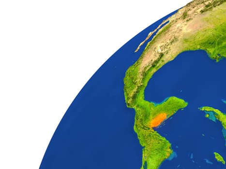 Belize highlighted in red as seen from Earth's orbit in space. 3D illustration with highly detailed realistic planet surface. Elements of this image furnished by NASA.