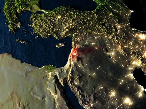 Lebanon in red at night as seen from Earth's orbit in space. 3D illustration with highly detailed realistic planet surface. Elements of this image furnished by NASA.