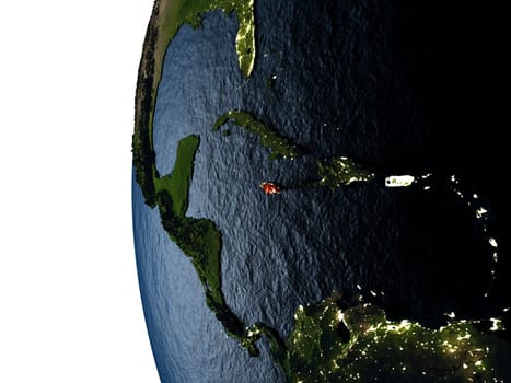 Jamaica highlighted in red on Earth as seen from Earth's orbit in space during sunset. 3D illustration with highly detailed realistic planet surface. Elements of this image furnished by NASA.