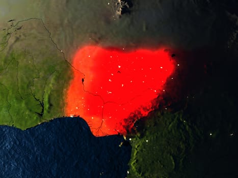 Nigeria in red at night as seen from Earth's orbit in space. 3D illustration with highly detailed realistic planet surface. Elements of this image furnished by NASA.