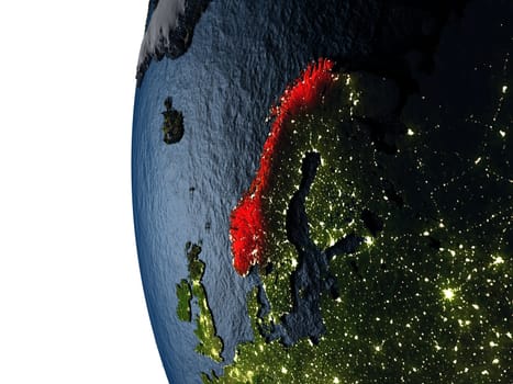 Norway highlighted in red on Earth as seen from Earth's orbit in space during sunset. 3D illustration with highly detailed realistic planet surface. Elements of this image furnished by NASA.