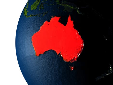 Australia highlighted in red on Earth as seen from Earth's orbit in space during sunset. 3D illustration with highly detailed realistic planet surface. Elements of this image furnished by NASA.