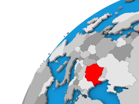 Romania highlighted in red on globe with visible country borders. 3D illustration