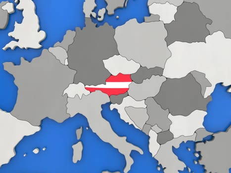 Map of Austria with embedded national flag on globe, top-down view. 3D illustration