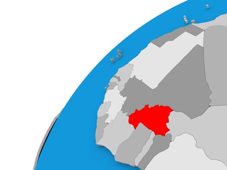 Burkina Faso highlighted in red on globe with visible country borders. 3D illustration