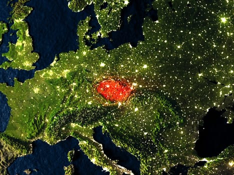 Czech republic in red at night as seen from Earth's orbit in space. 3D illustration with highly detailed realistic planet surface. Elements of this image furnished by NASA.