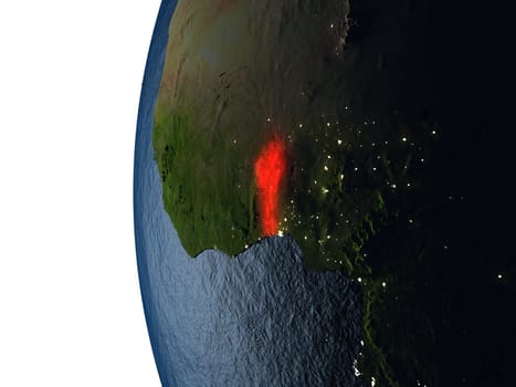 Benin highlighted in red on Earth as seen from Earth's orbit in space during sunset. 3D illustration with highly detailed realistic planet surface. Elements of this image furnished by NASA.