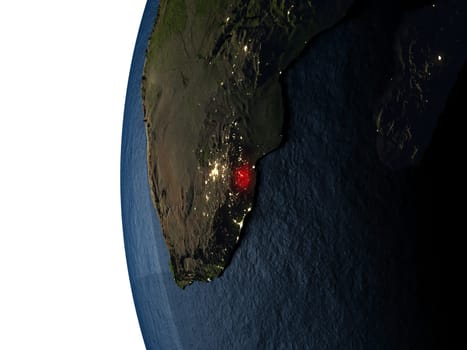 Swaziland highlighted in red on Earth as seen from Earth's orbit in space during sunset. 3D illustration with highly detailed realistic planet surface. Elements of this image furnished by NASA.