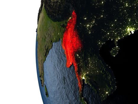 Myanmar highlighted in red on Earth as seen from Earth's orbit in space during sunset. 3D illustration with highly detailed realistic planet surface. Elements of this image furnished by NASA.