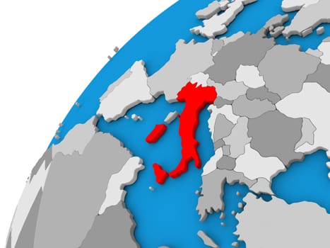 Italy highlighted in red on globe with visible country borders. 3D illustration
