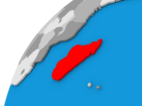 Madagascar highlighted in red on globe with visible country borders. 3D illustration