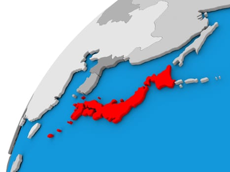 Japan highlighted in red on globe with visible country borders. 3D illustration