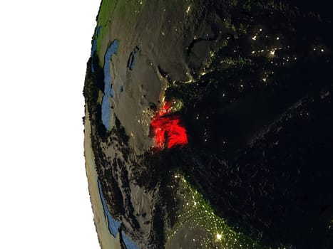 Tajikistan highlighted in red on Earth as seen from Earth's orbit in space during sunset. 3D illustration with highly detailed realistic planet surface. Elements of this image furnished by NASA.
