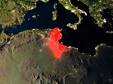 Tunisia in red at night as seen from Earth's orbit in space. 3D illustration with highly detailed realistic planet surface. Elements of this image furnished by NASA.