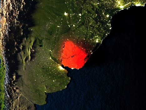 Uruguay in red at night as seen from Earth's orbit in space. 3D illustration with highly detailed realistic planet surface. Elements of this image furnished by NASA.