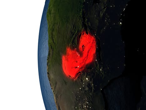 Zambia highlighted in red on Earth as seen from Earth's orbit in space during sunset. 3D illustration with highly detailed realistic planet surface. Elements of this image furnished by NASA.