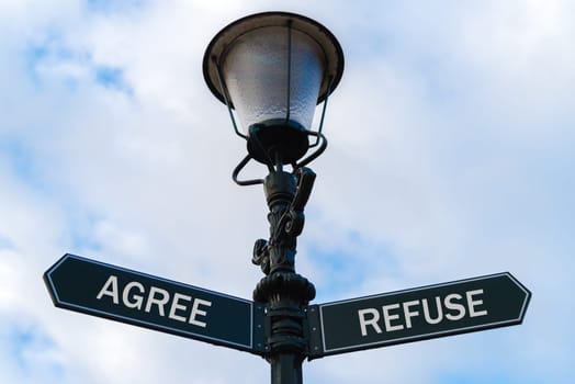 Street lighting pole with two opposite directional arrows over blue cloudy background. Agree versus Refuse concept.