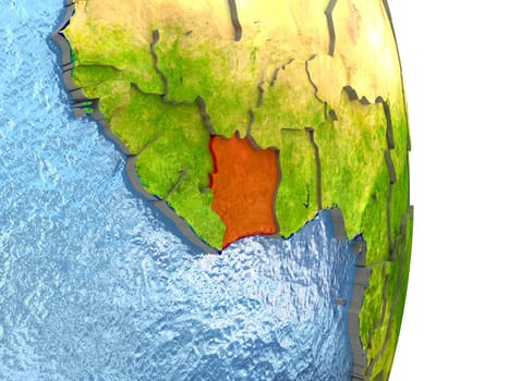 Ivory Coast in red with surrounding region. 3D illustration with highly detailed realistic planet surface. Elements of this image furnished by NASA.